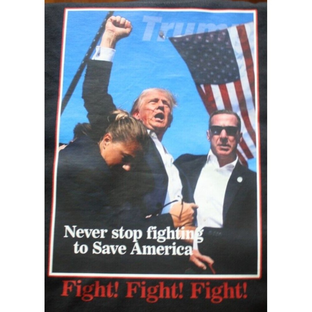 Trump Unisex Black SS T-Shirt Sz 2XL Never Stop Fighting To Save America 2024